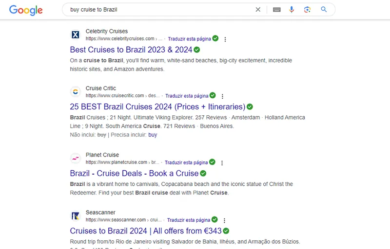 Google result for a search for cruises to brasil