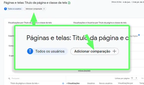 Instruções para adicionar comparação,  no relatório de páginas