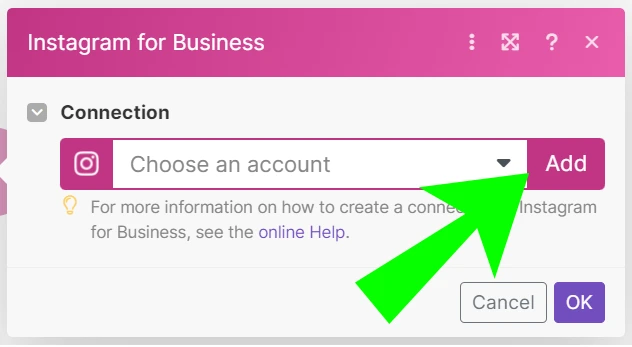 Clique no botão "ADD" para vincular o aplicativo à sua conta da respectiva rede social. 