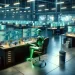 Robô verde automatizando tarefas em escritório futurista, simbolizando eficiência e colaboração humano-robô para inovação tecnológica.