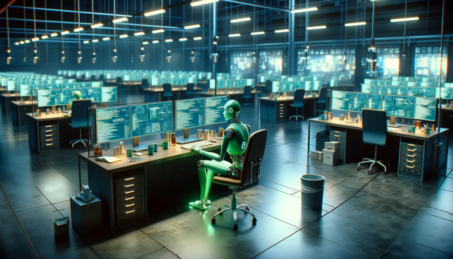 Robô verde automatizando tarefas em escritório futurista, simbolizando eficiência e colaboração humano-robô para inovação tecnológica.