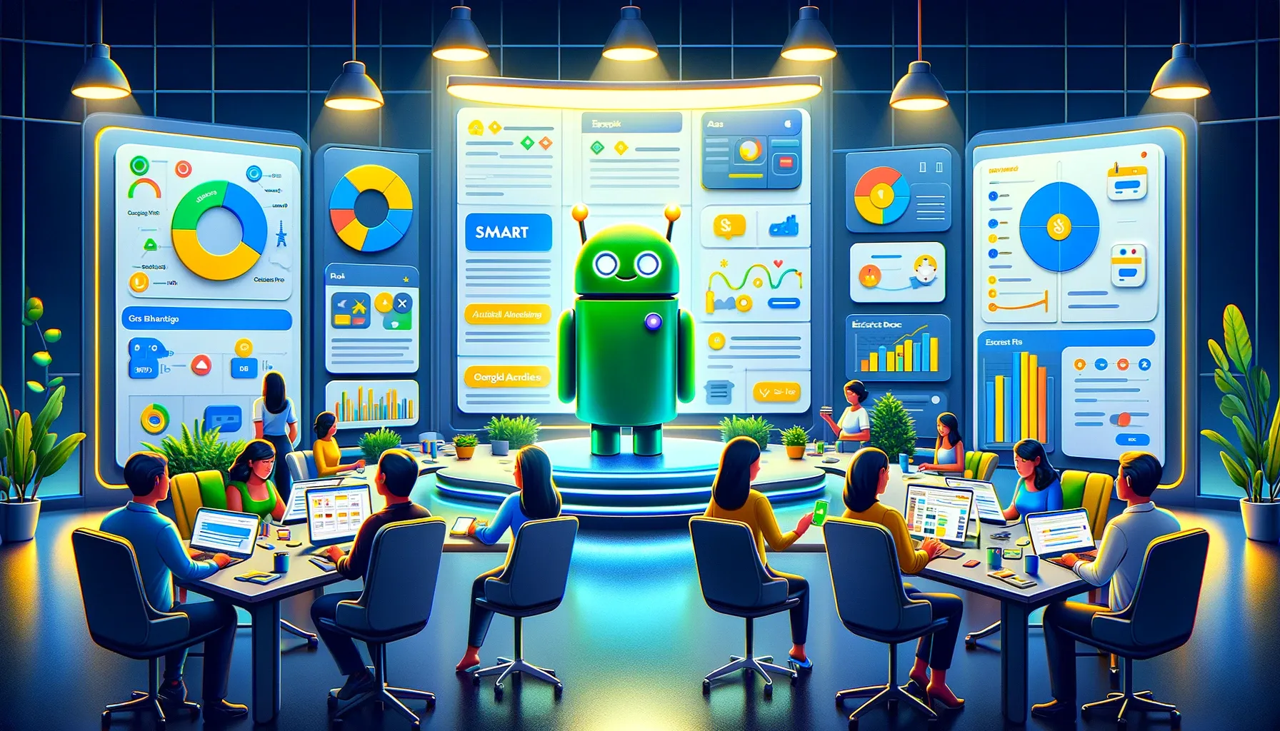 Infográfico interativo mostrando a comparação entre os modos Inteligente e Especialista do Google Ads com um robô verde amigável como guia, destacando fluxos de trabalho simplificados e processos automáticos no lado Inteligente contra dashboards complexos e ferramentas de campanha avançadas no lado Especialista, em um escritório de marketing digital futurista.